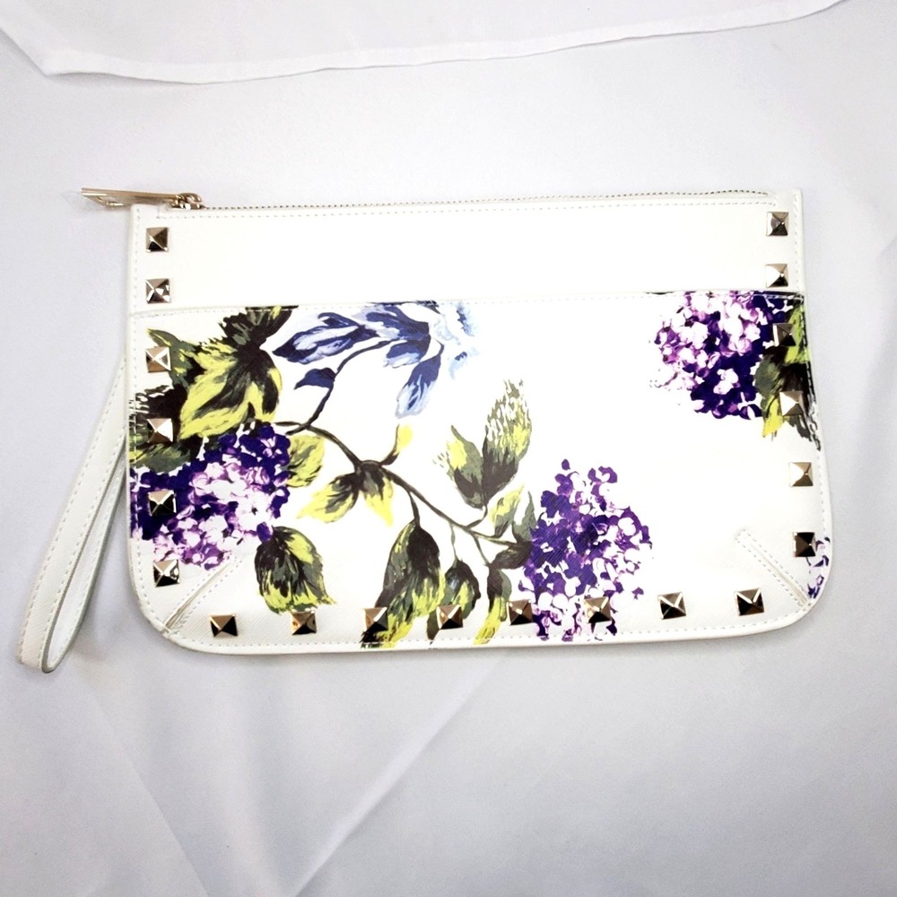 White House Black Market WHBM Floral Studded Wristlet Clutch White Purple Green